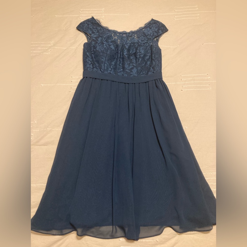 Navy cocktail dress; form fitting lace top, silky and flowing skirt. Azazie 6a